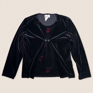 Vintage‎ 90s Black Red Roses Velvet Cardigan Layered Top Size Medium